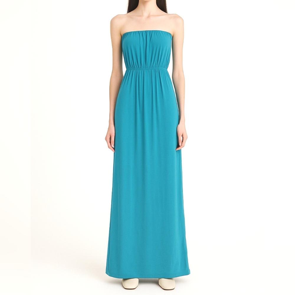 Trixxi XS Teal Aqua Blue Maxi Long Dress Fit Flare Empire Strapless Off Shoulder